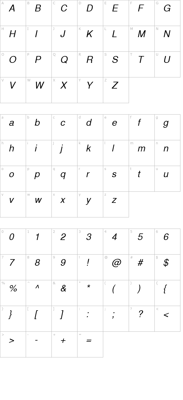 westsansssk-italic character map