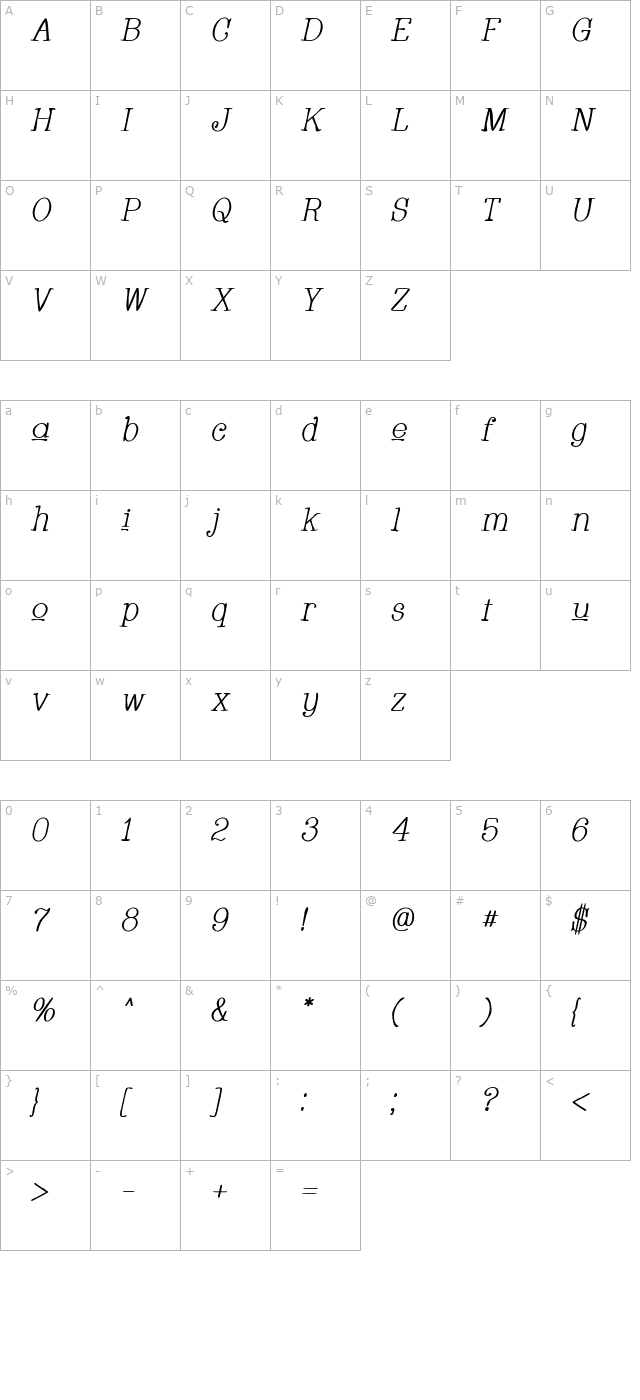 Whackadoo Upper Italic character map