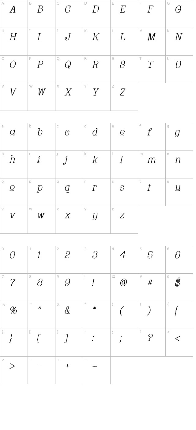 whackadoo-upper-italic character map