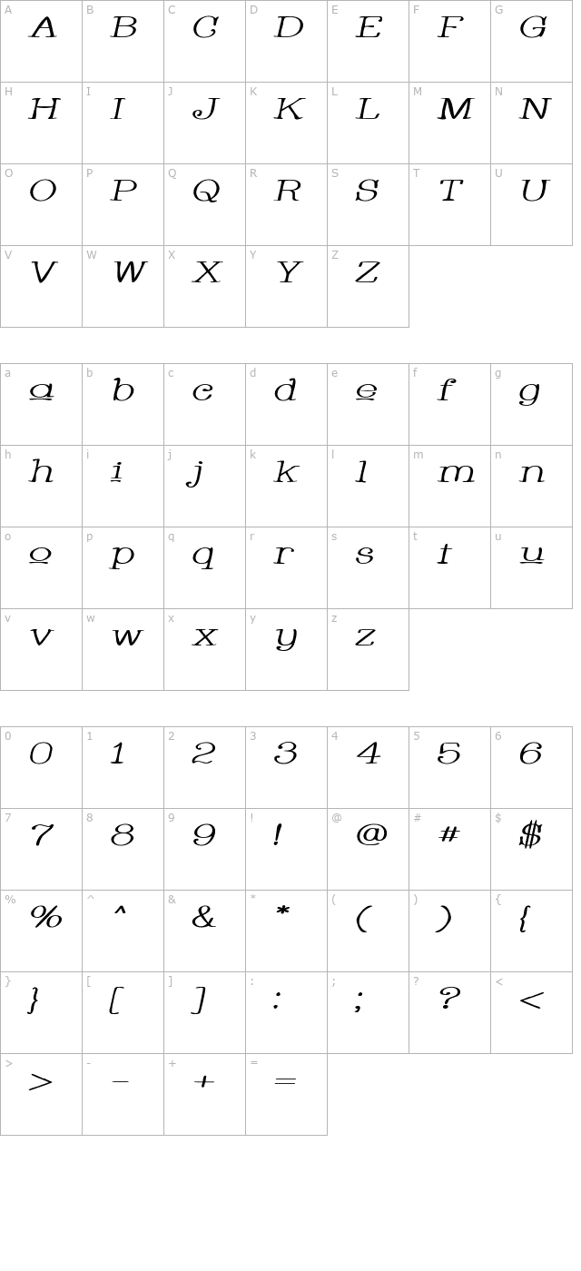Whackadoo Upper Wide Italic character map