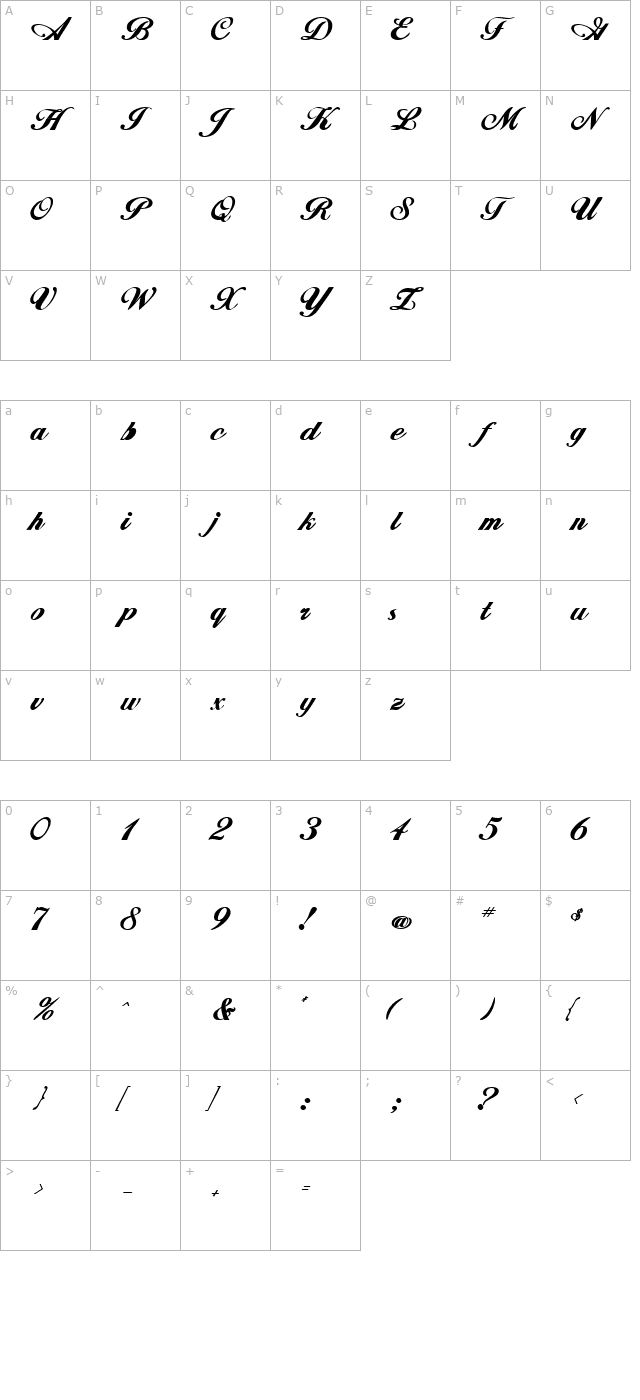 Whimsi Script SSK Bold character map