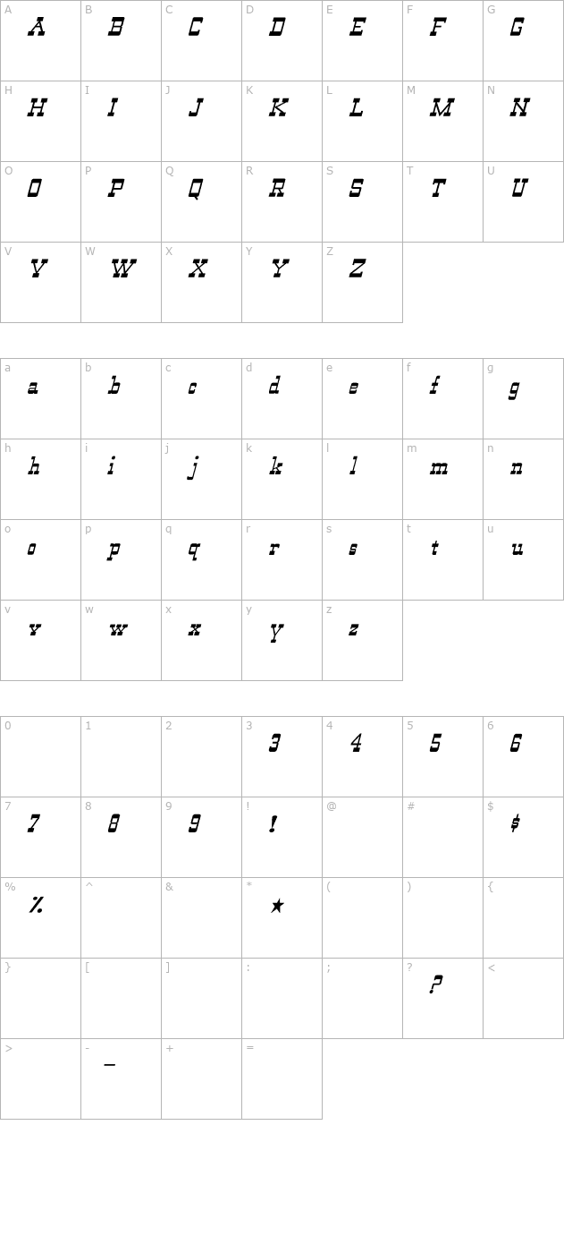 WildWest-Normal Italic character map