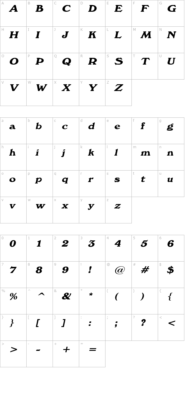 Windz Wide Italic character map