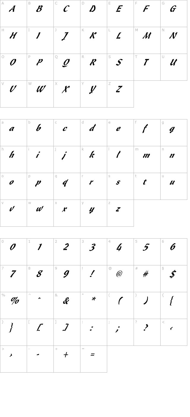 Wizzard Italic character map
