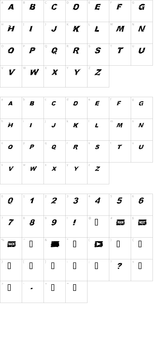 woodcut-italic character map