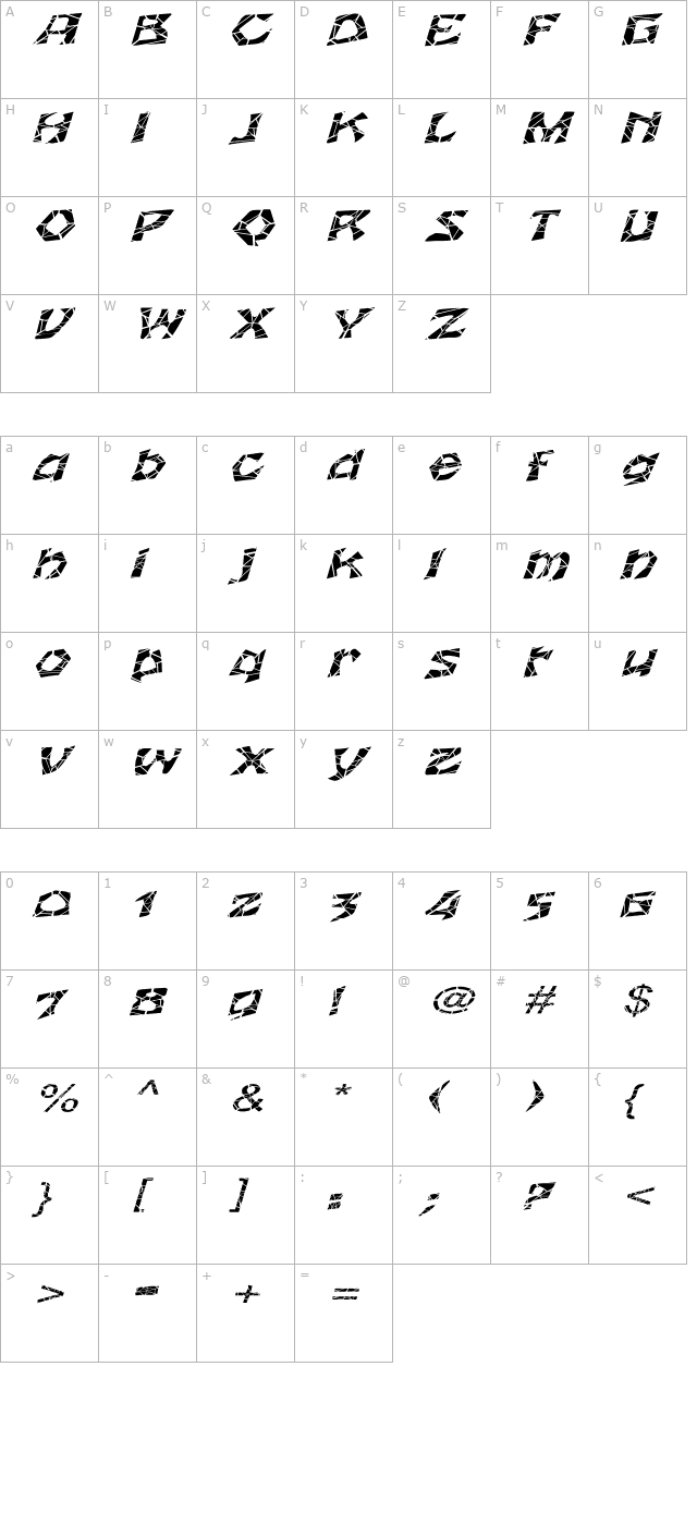 wrinklecutextended-oblique character map