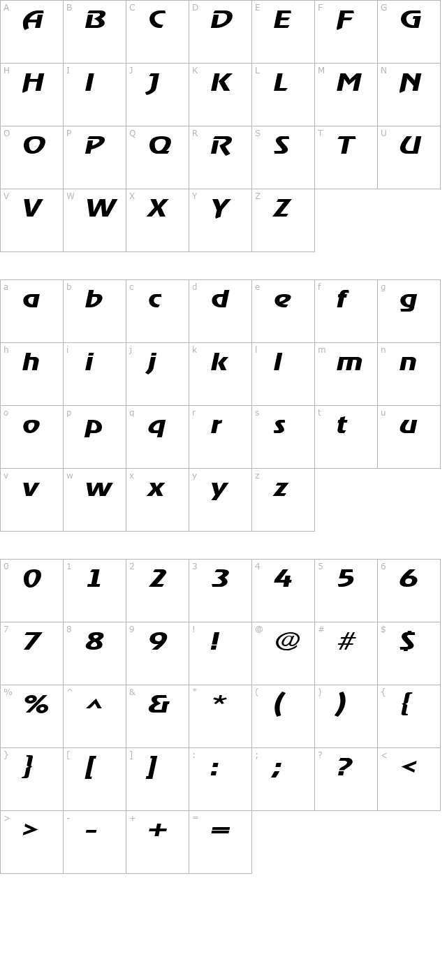 xanadauextended-oblique character map