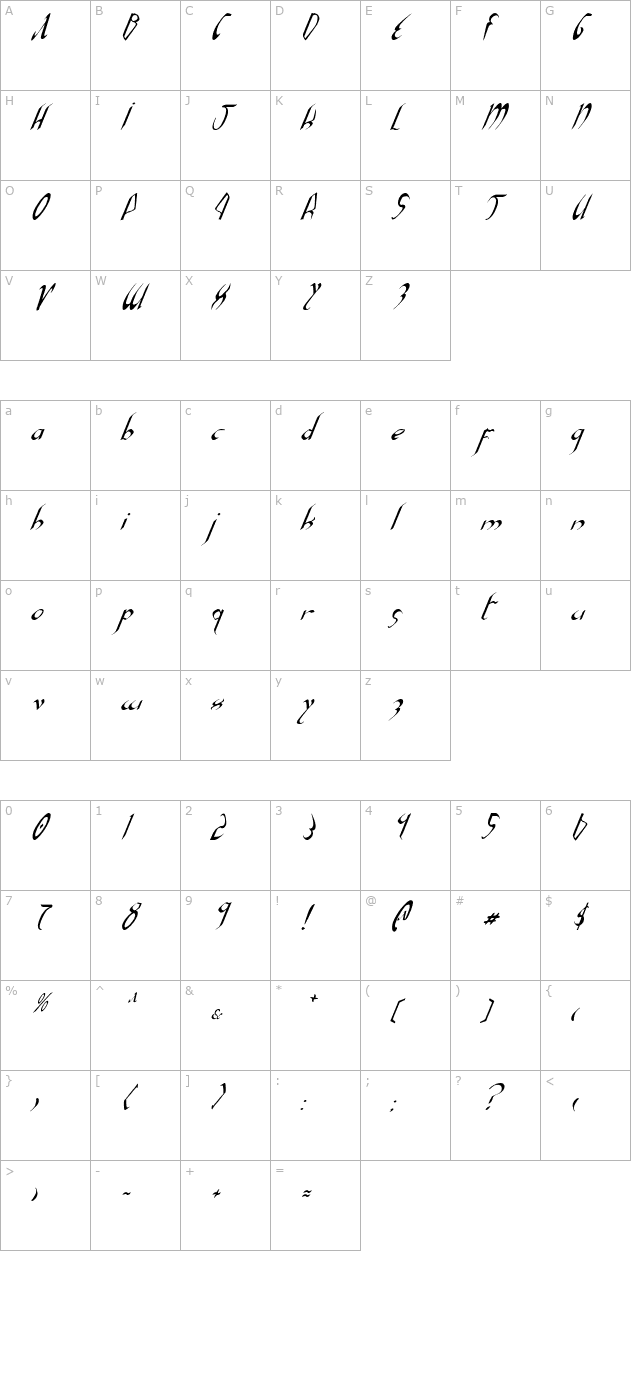 xaphan-italic character map