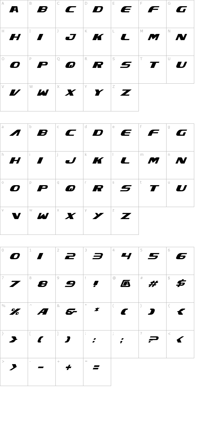 Xcelsion Italic character map