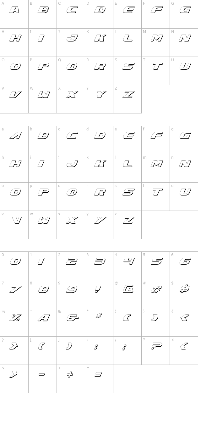 Xcelsion Shadow Italic character map