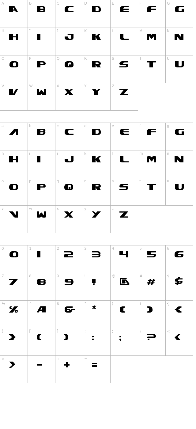 Xcelsion character map