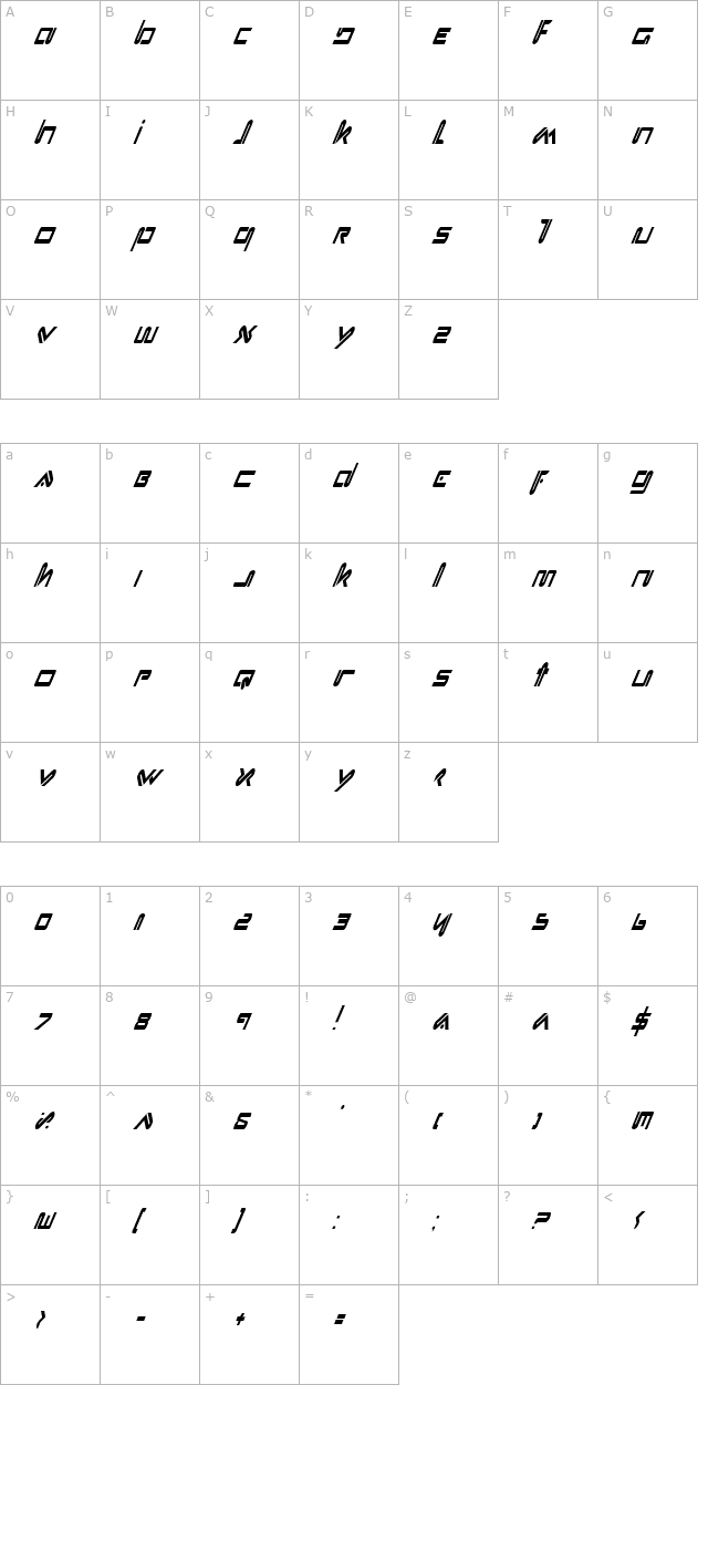 Xephyr Condensed Italic character map
