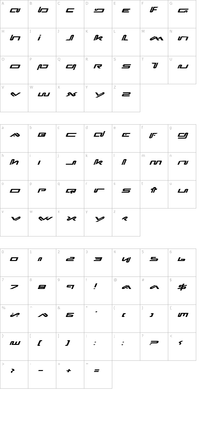 Xephyr Expanded Italic character map