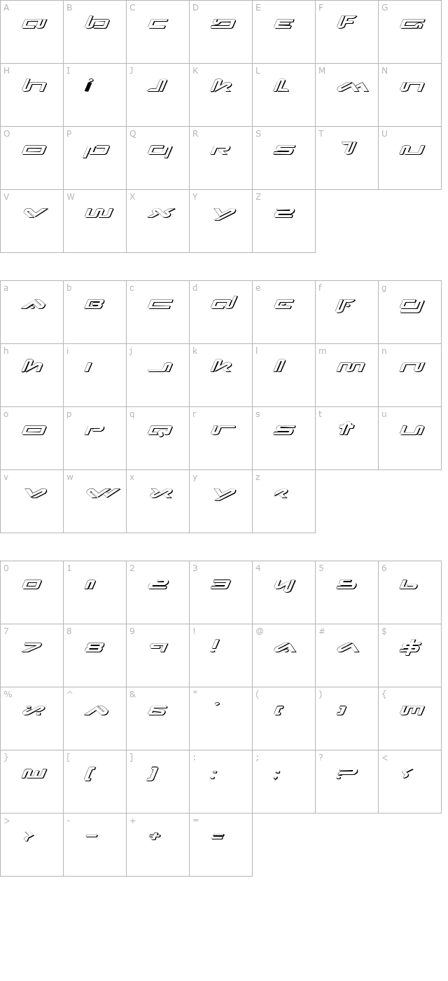 Xephyr Expanded Shadow Italic character map