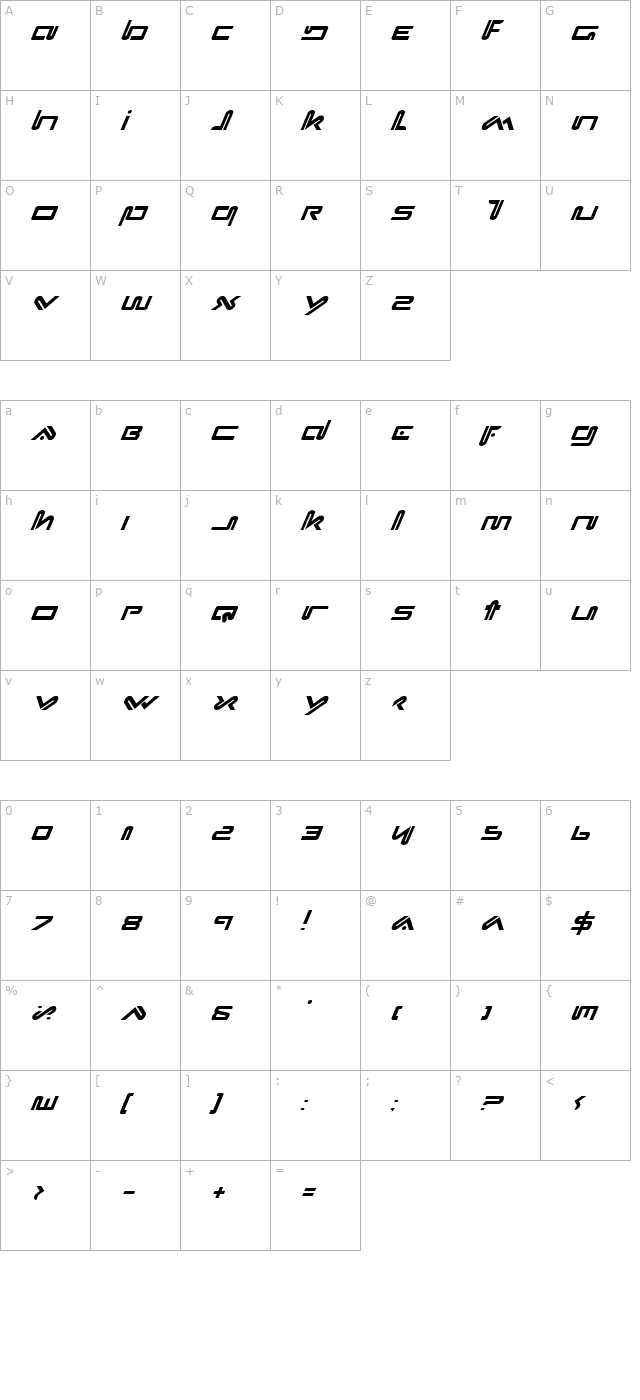 Xephyr Italic character map
