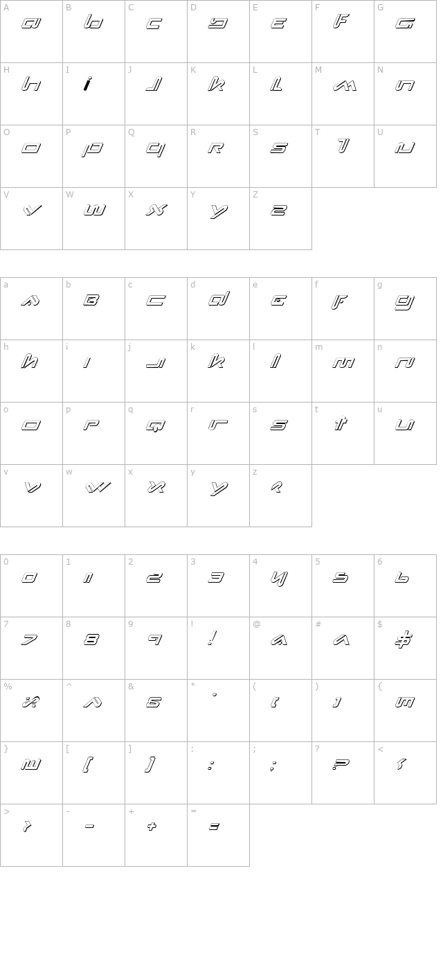 Xephyr Shadow Italic character map
