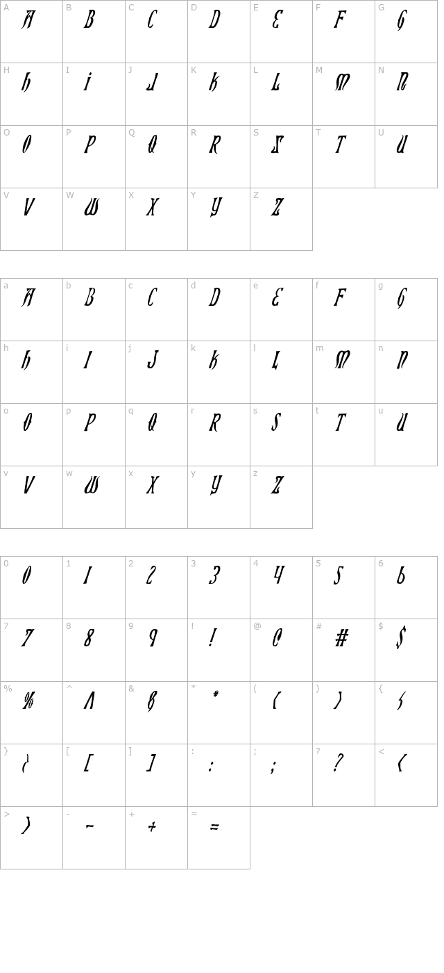 xiphos-condensed-italic character map