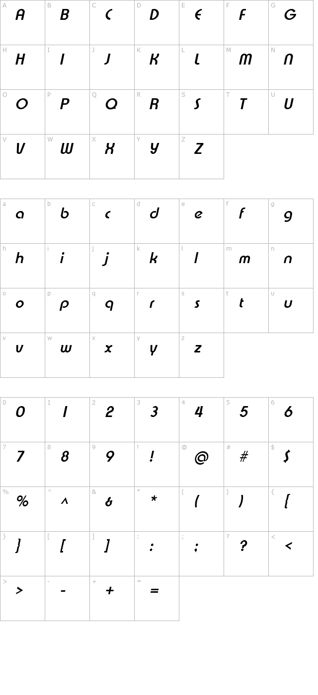 Xpressive Bold Italic character map