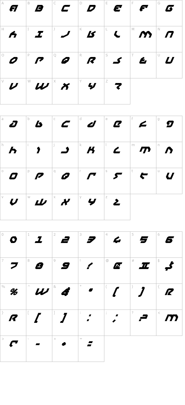 Yahren Bold Italic character map