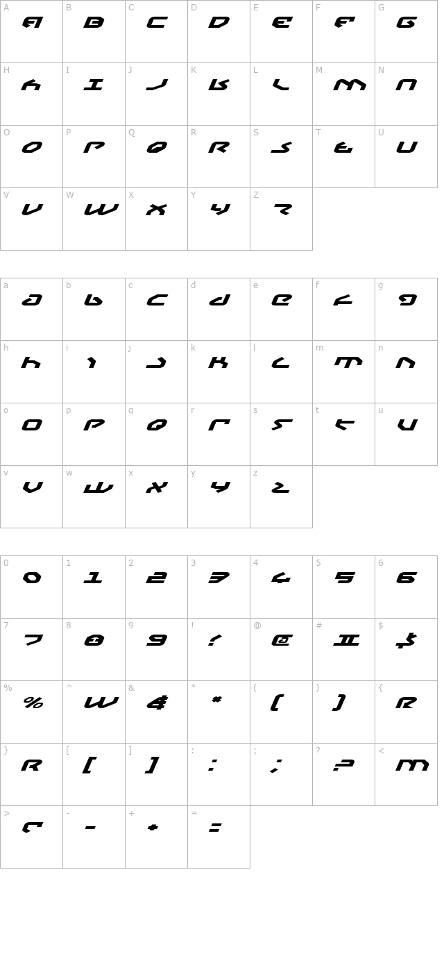 yahren-expanded-italic character map