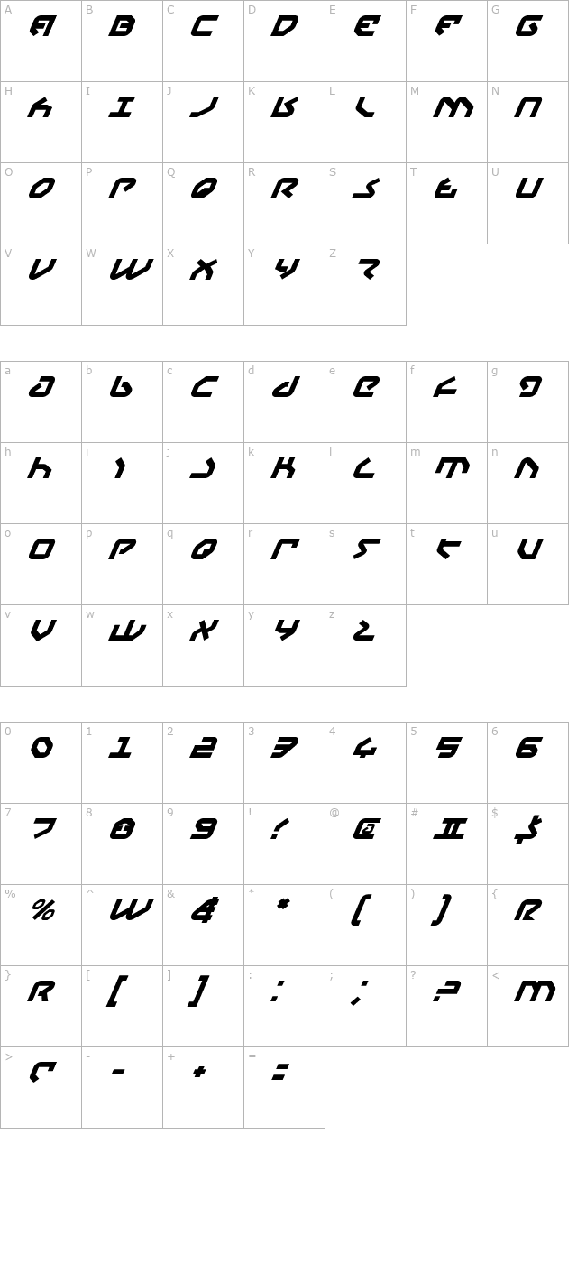 Yahren Italic character map