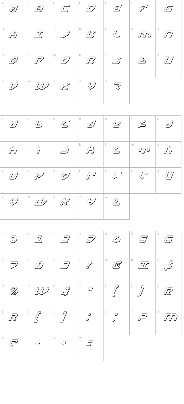 Yahren Shadow Italic character map