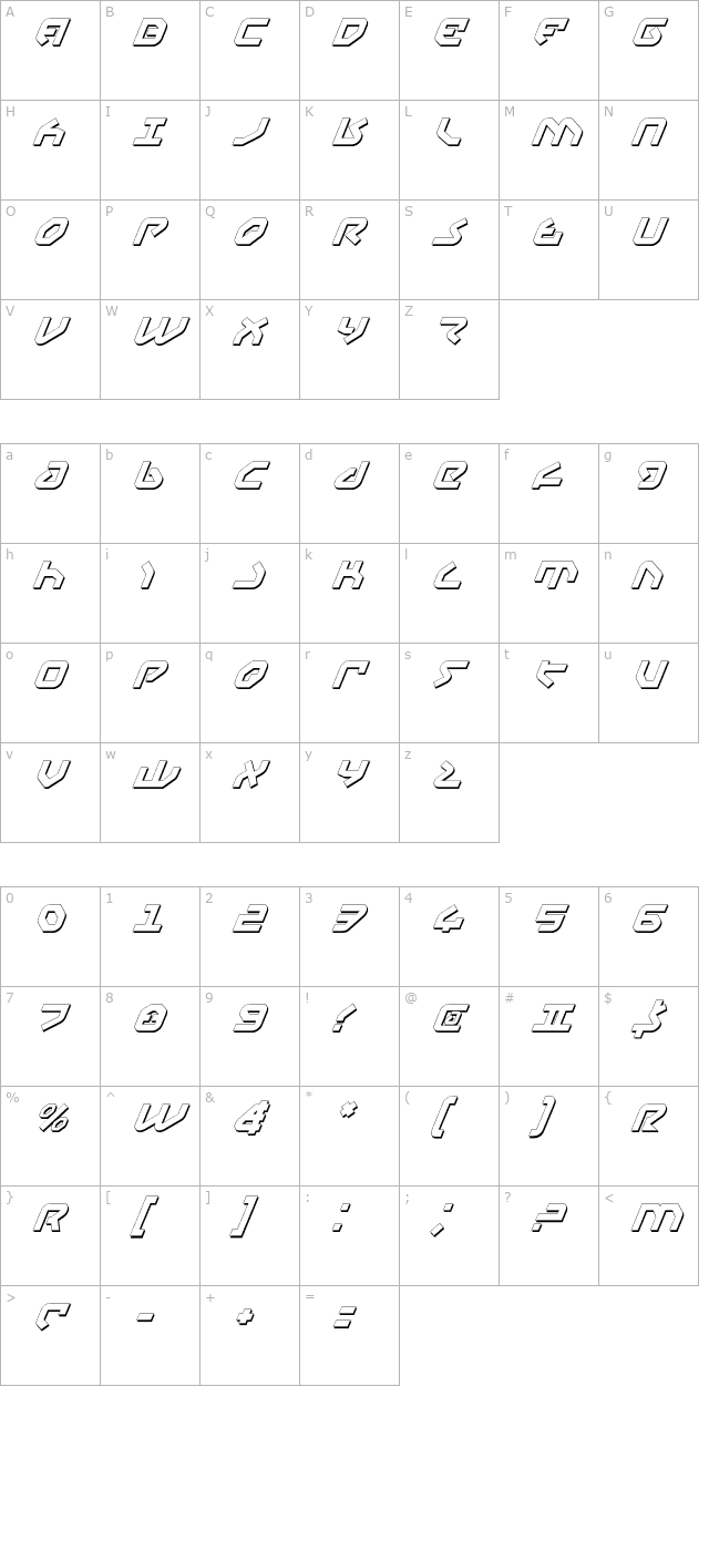 yahren-shadow-italic character map