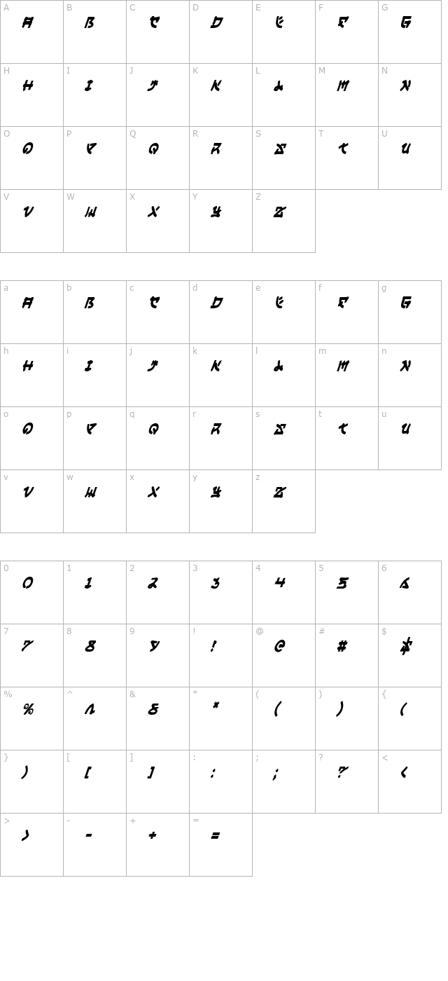 Yama Moto Condensed Italic character map