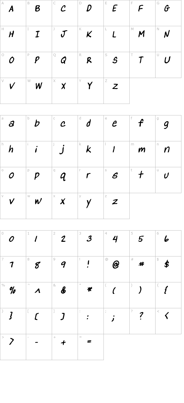 YanksHand Bold Italic character map