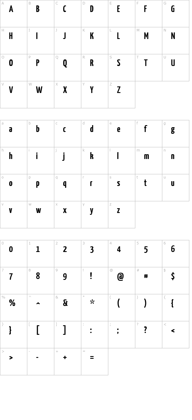 Yanone Kaffeesatz Bold character map