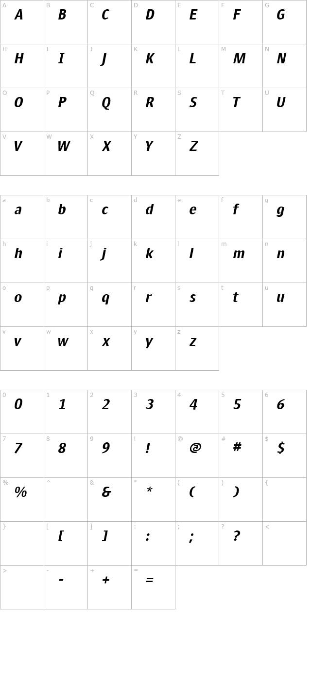 yellow-boldoblique character map