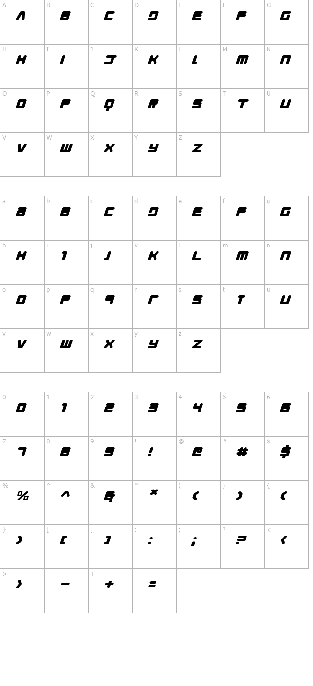 Young Techs Expanded Italic character map