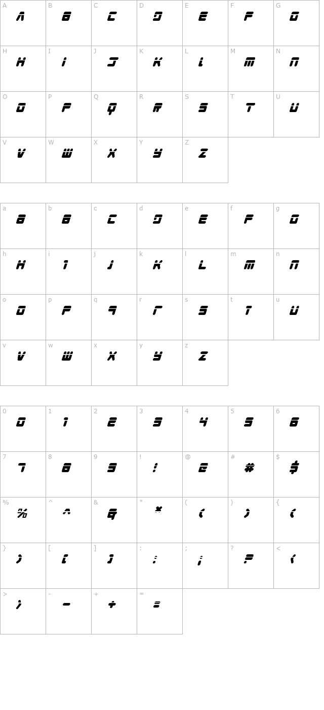 young-techs-laser-italic character map