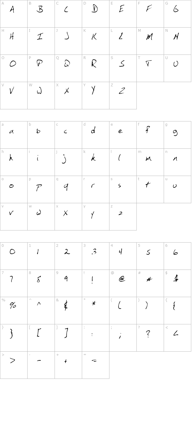 YoungsHand Regular character map