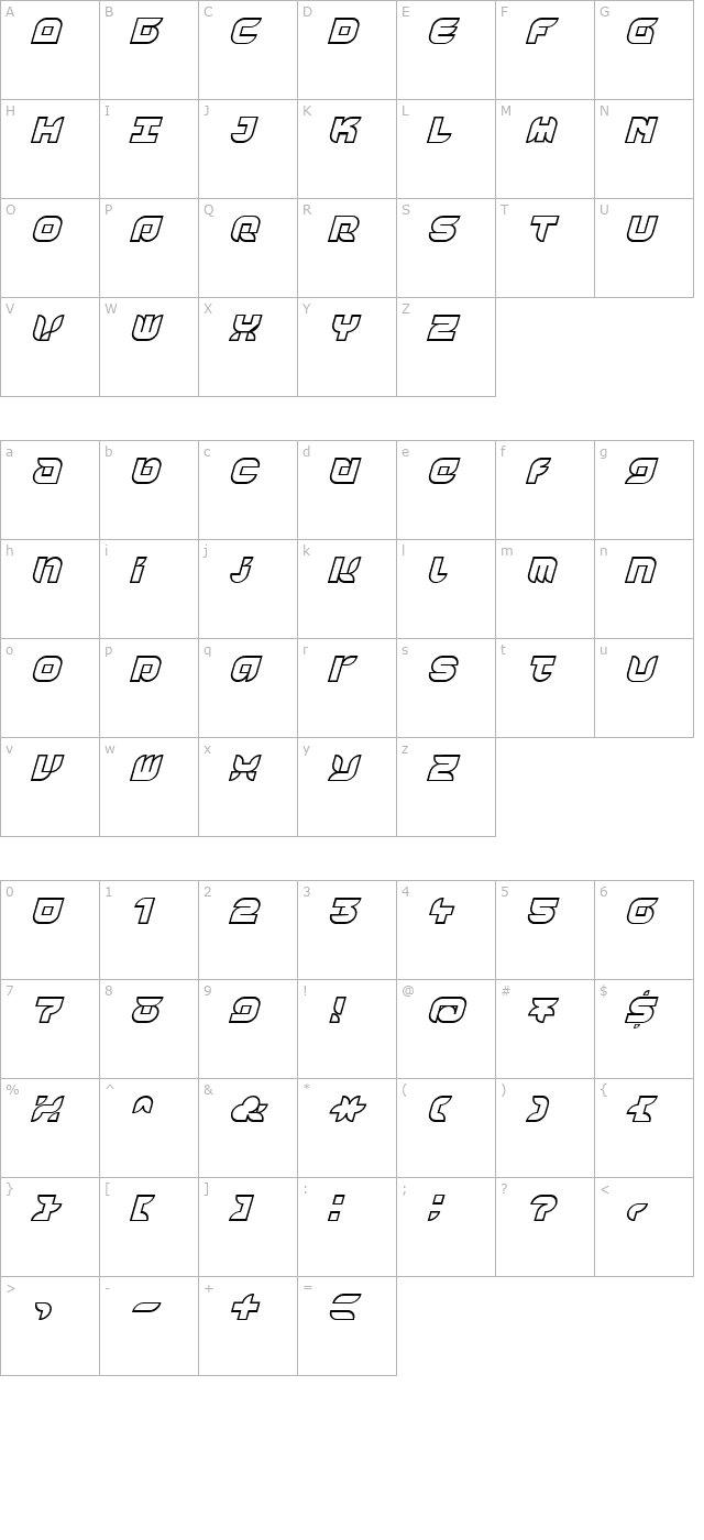 Yr72OutlineItalic character map