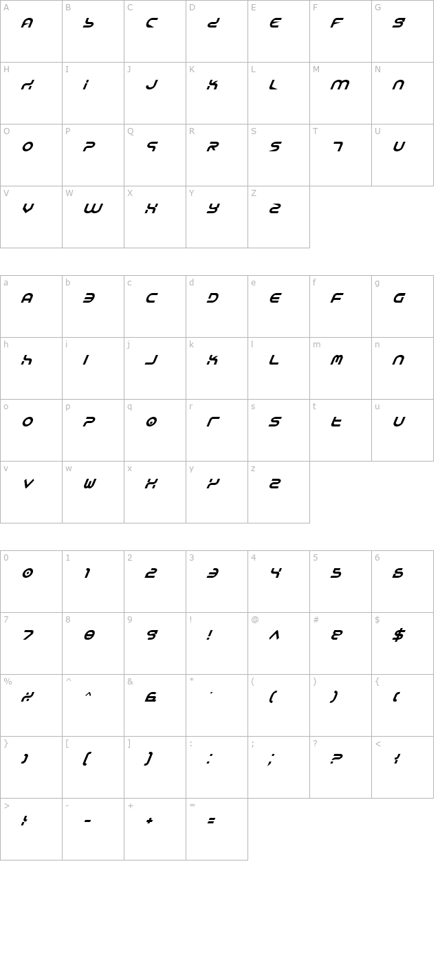 yukon-tech-italic character map