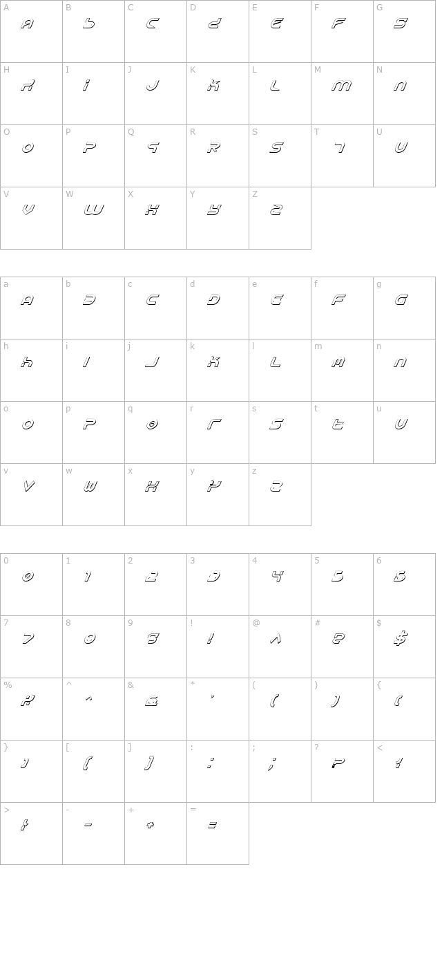 yukon-tech-shadow-italic character map