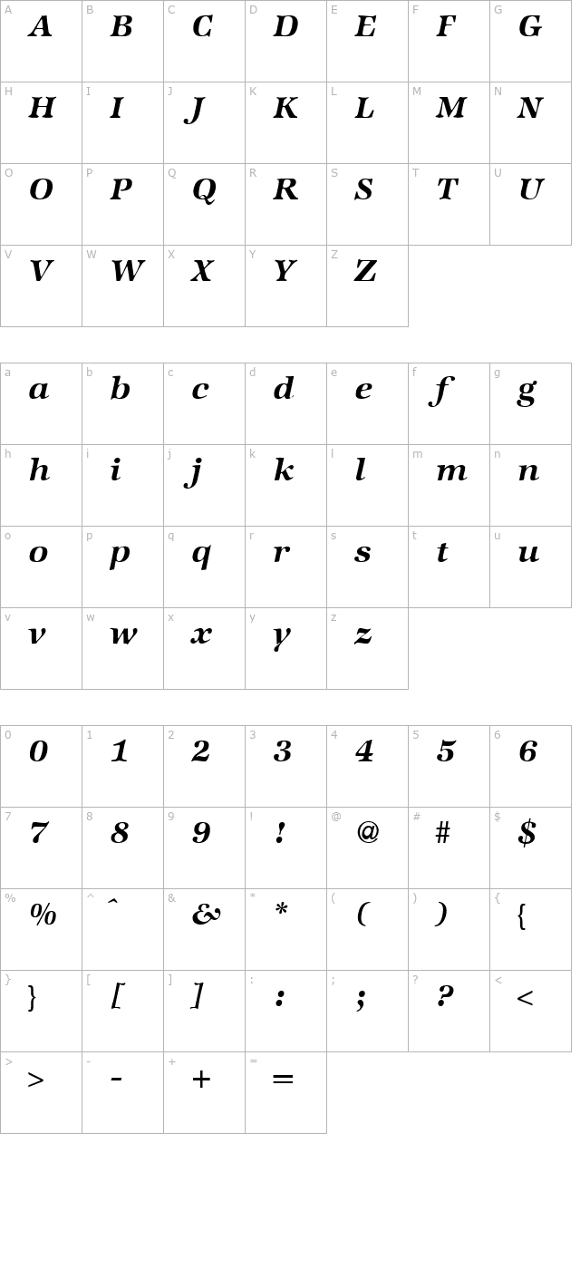 ZabriskieInternational-BoldItalic character map