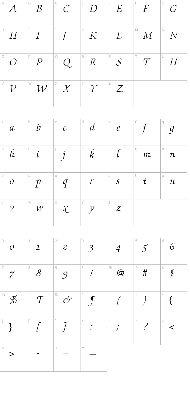 ZabriskieScriptSwash-RegularItalic character map