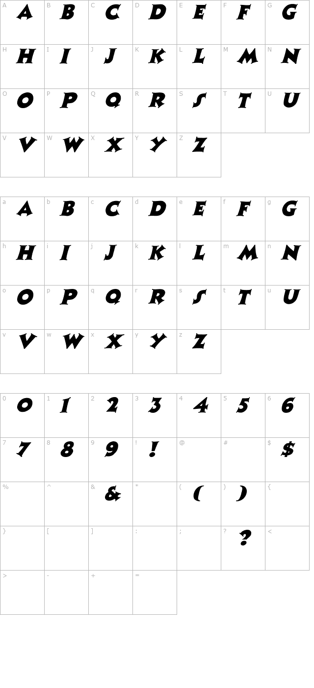 Zaleski Italic character map