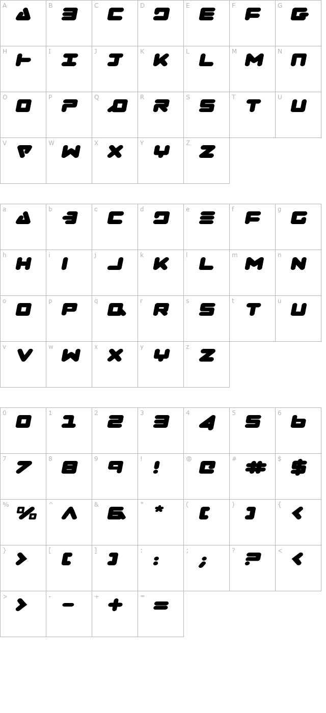 Zealot Expanded Italic character map