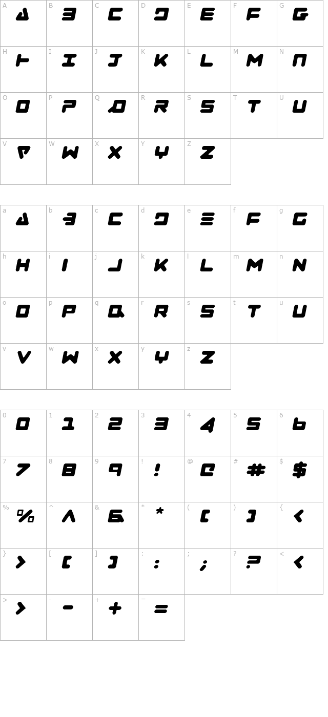 zealot-light-italic character map