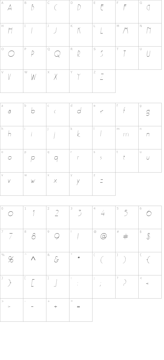 Zelda Italic character map