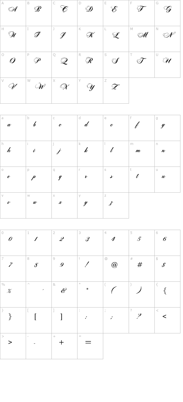 Zenith Script ES character map