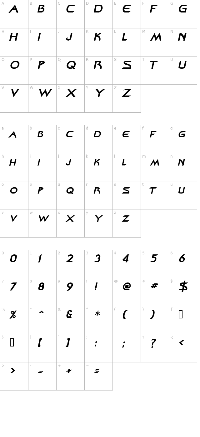 Zenon BoldItalic character map