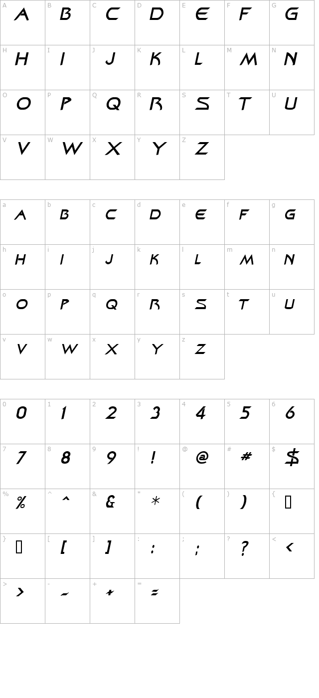 zenon-italic character map