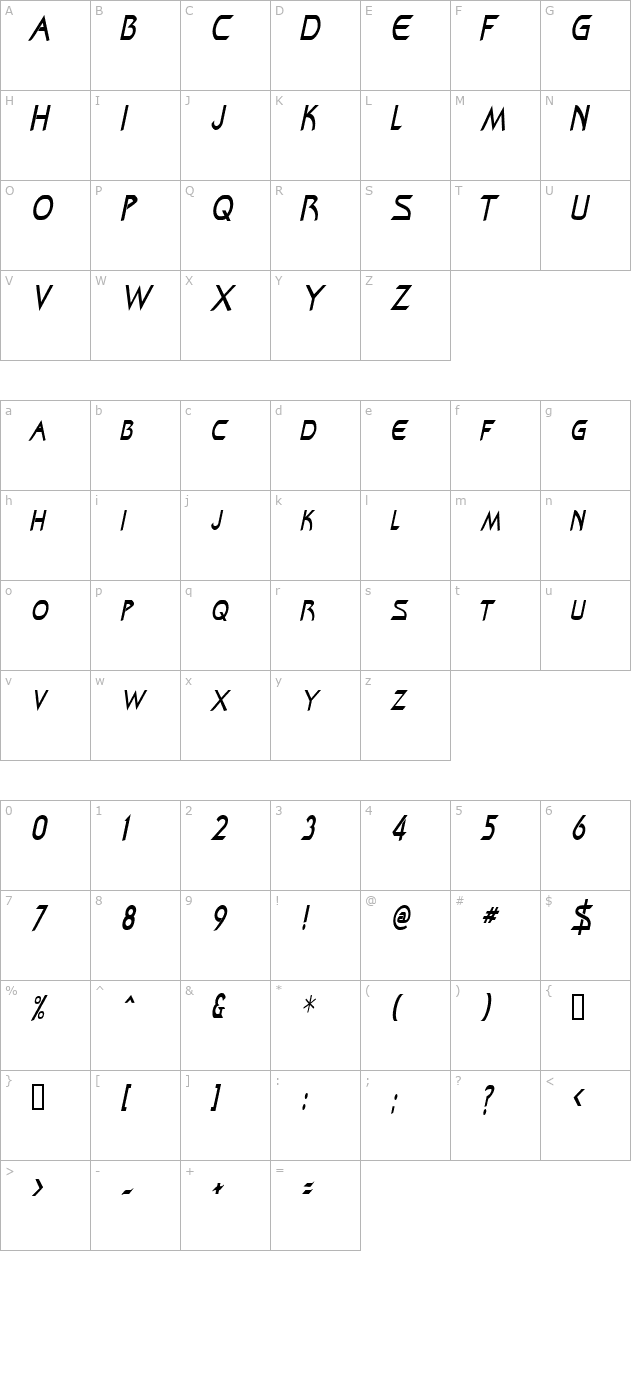 ZenonCondensed Italic character map