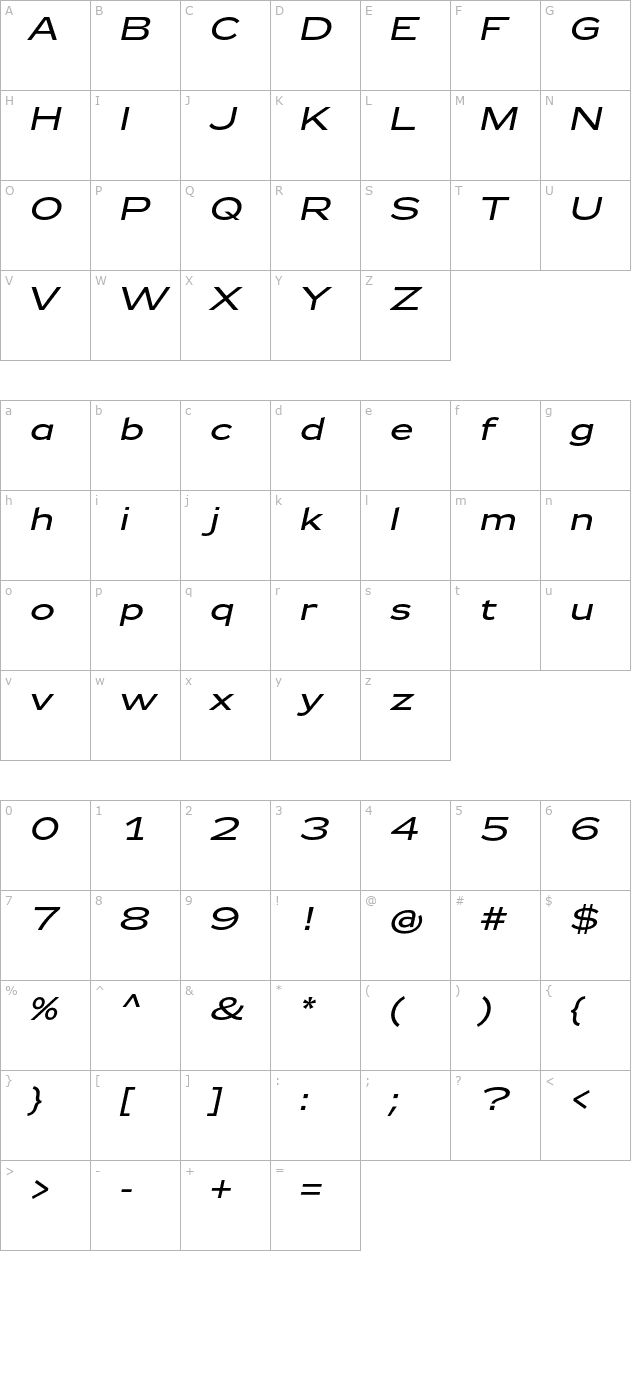 Zeppelin 42 Italic character map