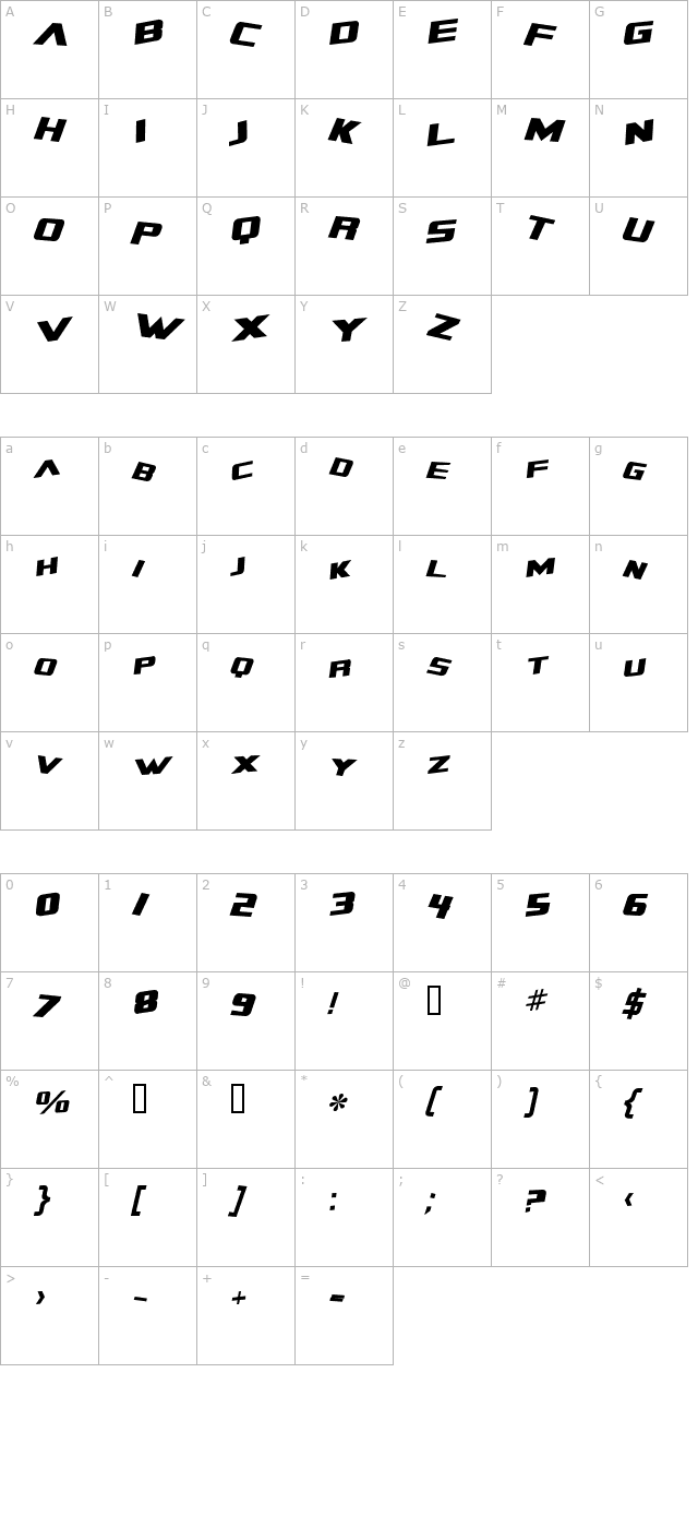 Zero Gravity Extended Italic character map