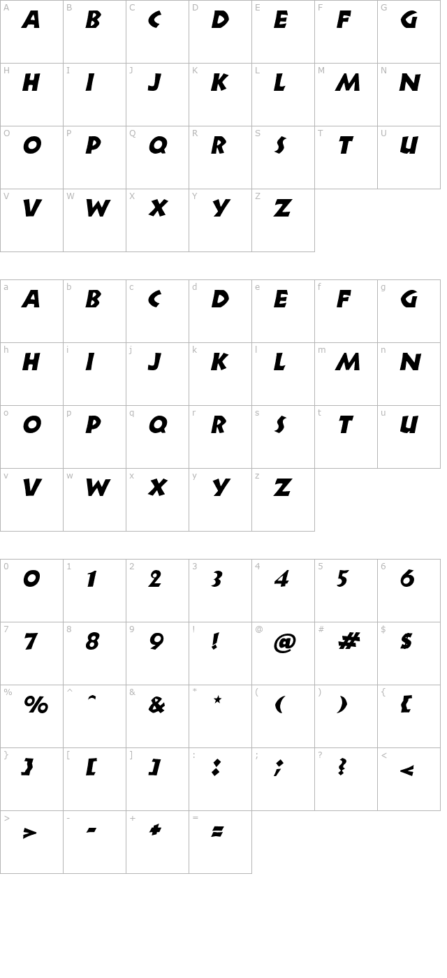 zorba-italic character map
